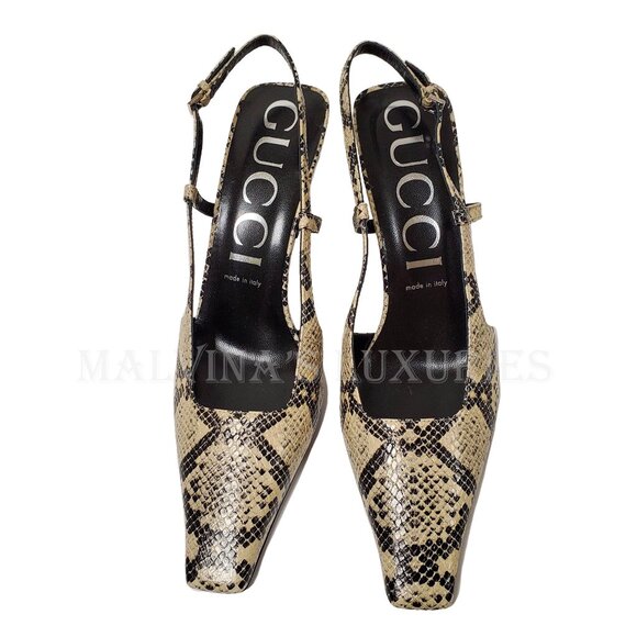 GUCCI SHOES MID HEEL SLINGBACK PUMPS PYTHON PRINT LEATHER G LOGO sz 41 11 - Picture 6 of 15